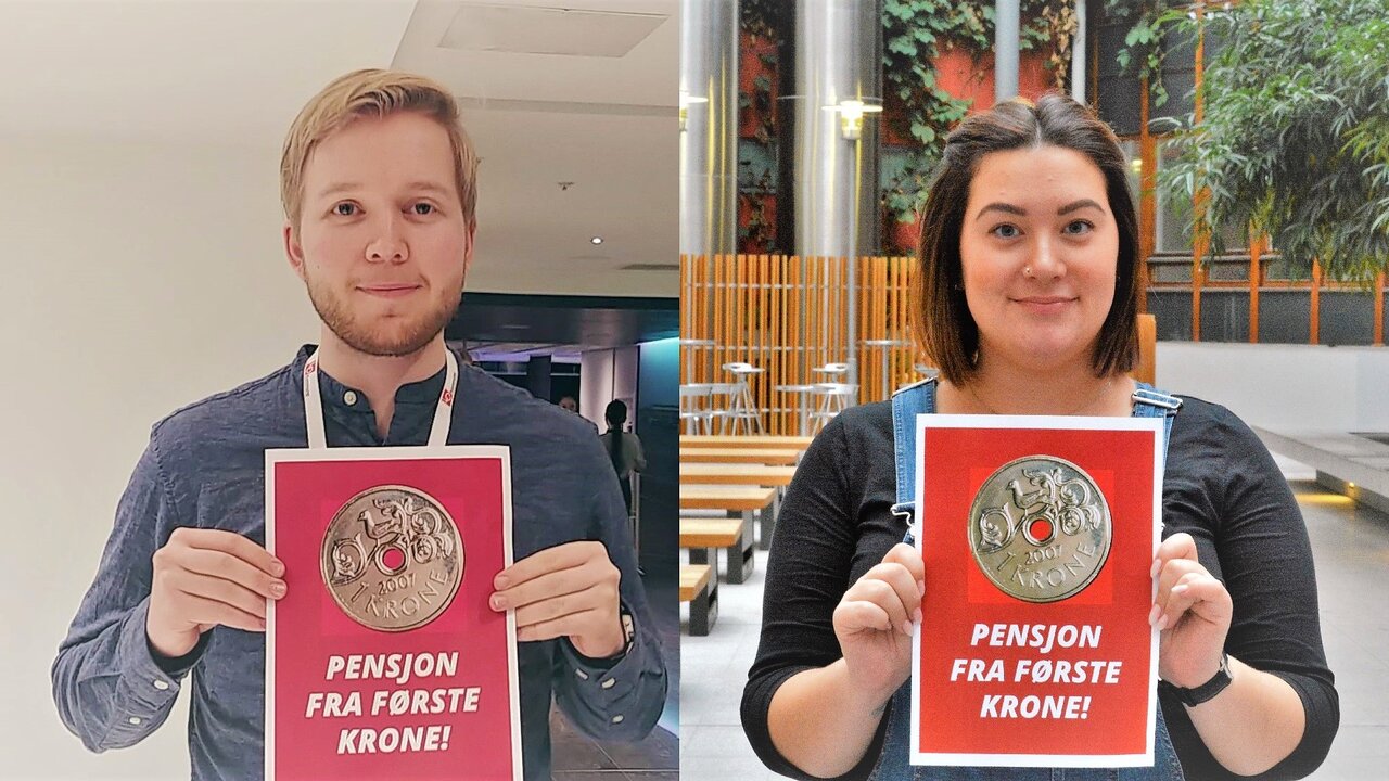 PENSJONSKRAV: Leder og nestleder av Fagforbundet Ung, Mats Monsen og Victoria De Oliveira, stiller seg begge bak kravet om pensjon fra første krone.