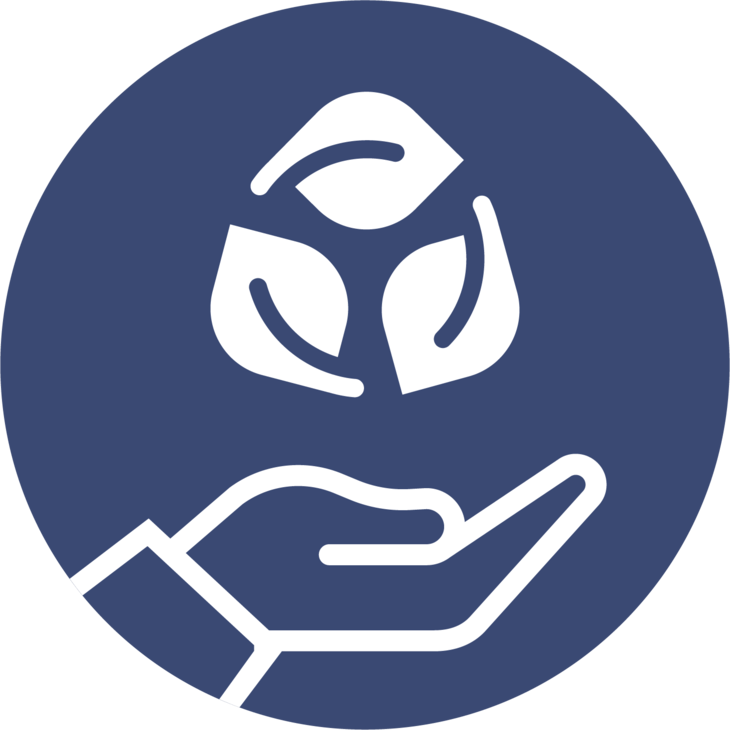Ikon som illustrerer STAF sitt mål om bærekraft. Ikonet er av en hånd med håndflaten opp og tre blader som former en sirkel over hånden.