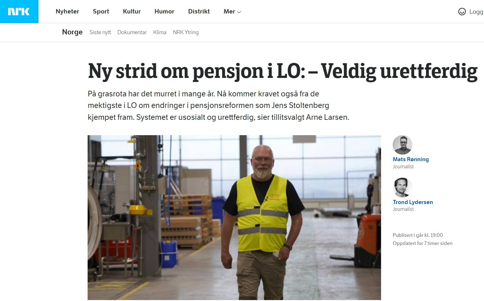 Faksimile av nettsaken "Ny strid om pensjon i LO" på nrk.no