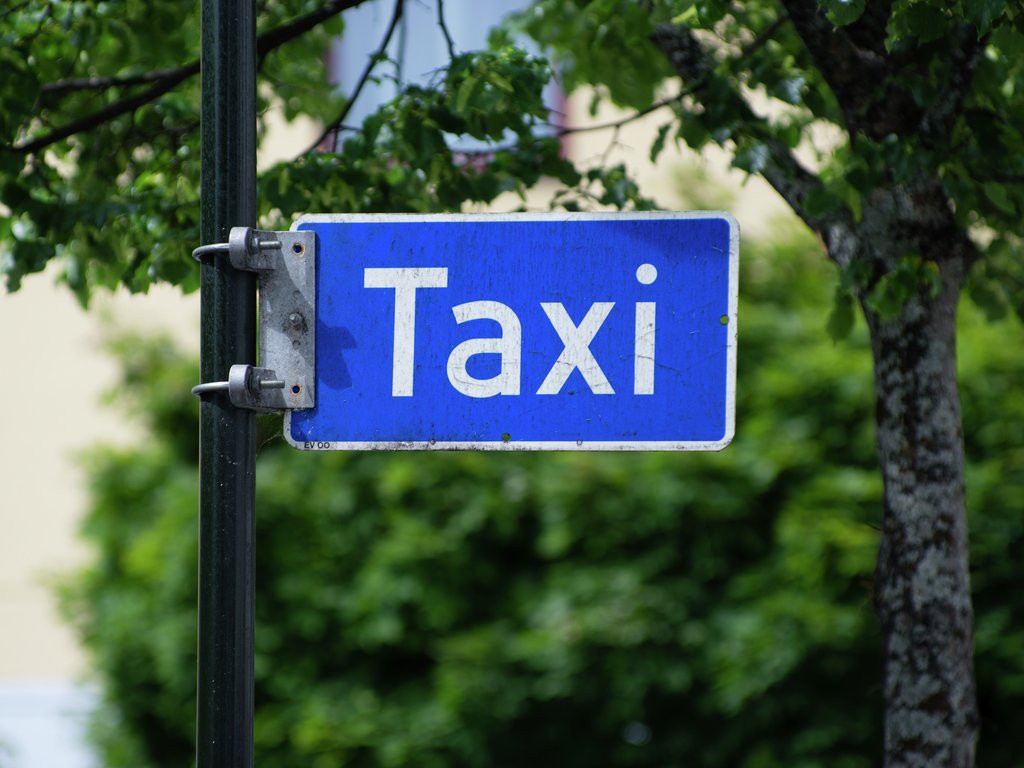 Foto av taxi-skilt. Skiltet er blått og festa til ein stolpe. Det står skrive taxi med kvit skrift på det, og det er ei kvit råme rundt ordet. I bakgrunnen ser vi grøne tre.