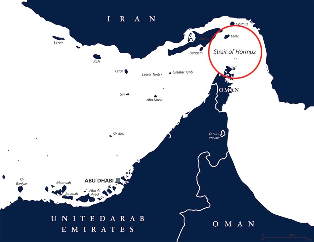 Map showing the Hormuz Strait. Despite attacks, vessels are still taking orders to sail through the Strait albeit at higher war risk insurance rates and no doubt heightened crew concerns.