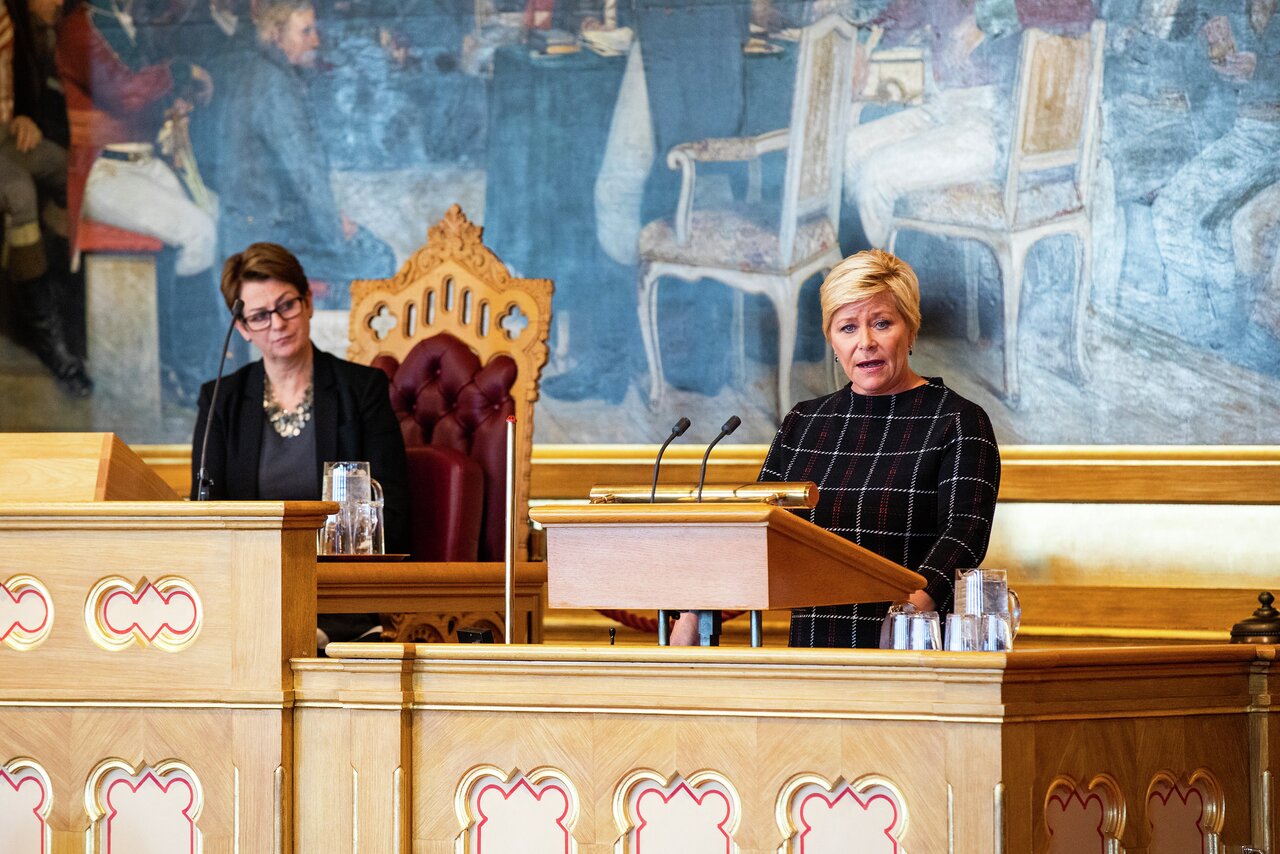 FINANSMINISTER: Siv Jensen (FrP) legger fram statsbudsjettet for 2020 for Stortinget.