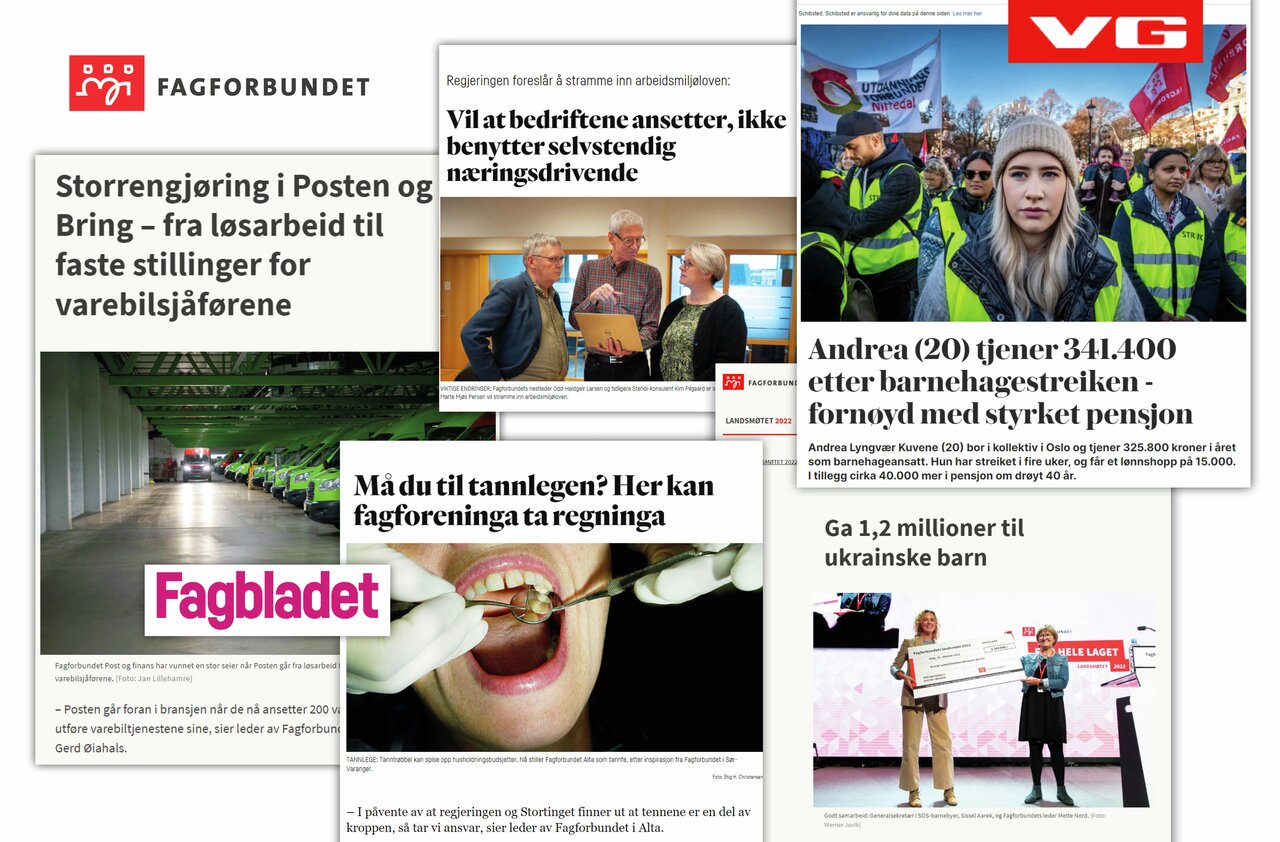 Illustrasjon: skjermdumper fra Fagforbundet, Fagbladet og VG.