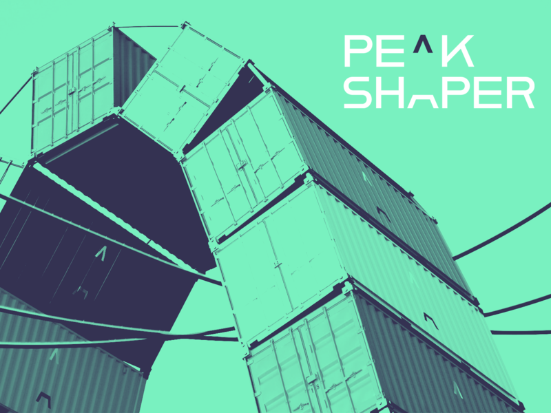 Peak Shaper lanseringsbilde. Mintgrønn filter over konteiner med batterier samt Peak Shaper logo øverst til høyre