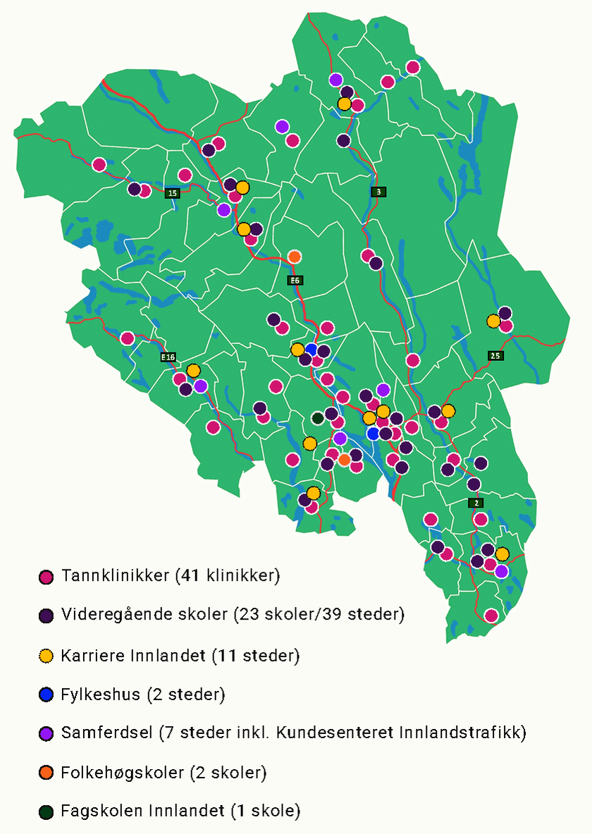 Kart med lokasjoner over hvor de ansatte i Innlandet fylkeskommune jobber