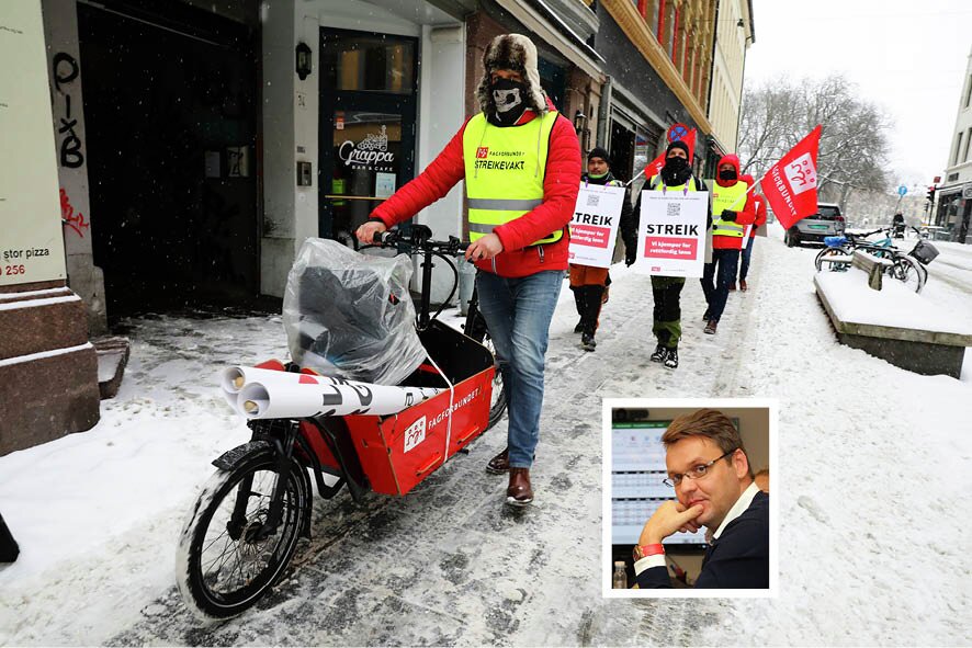 - Jeg er ikke født aktivist, men blitt sånn, sier Fredrik Olstad, nestleder i Fagforbundet Pleie og Omsorg Oslo. Det store bildet er tatt under en streikemarkering 17. februar.
