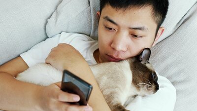 ung kille håller i katt och laddar ned app i mobilen
