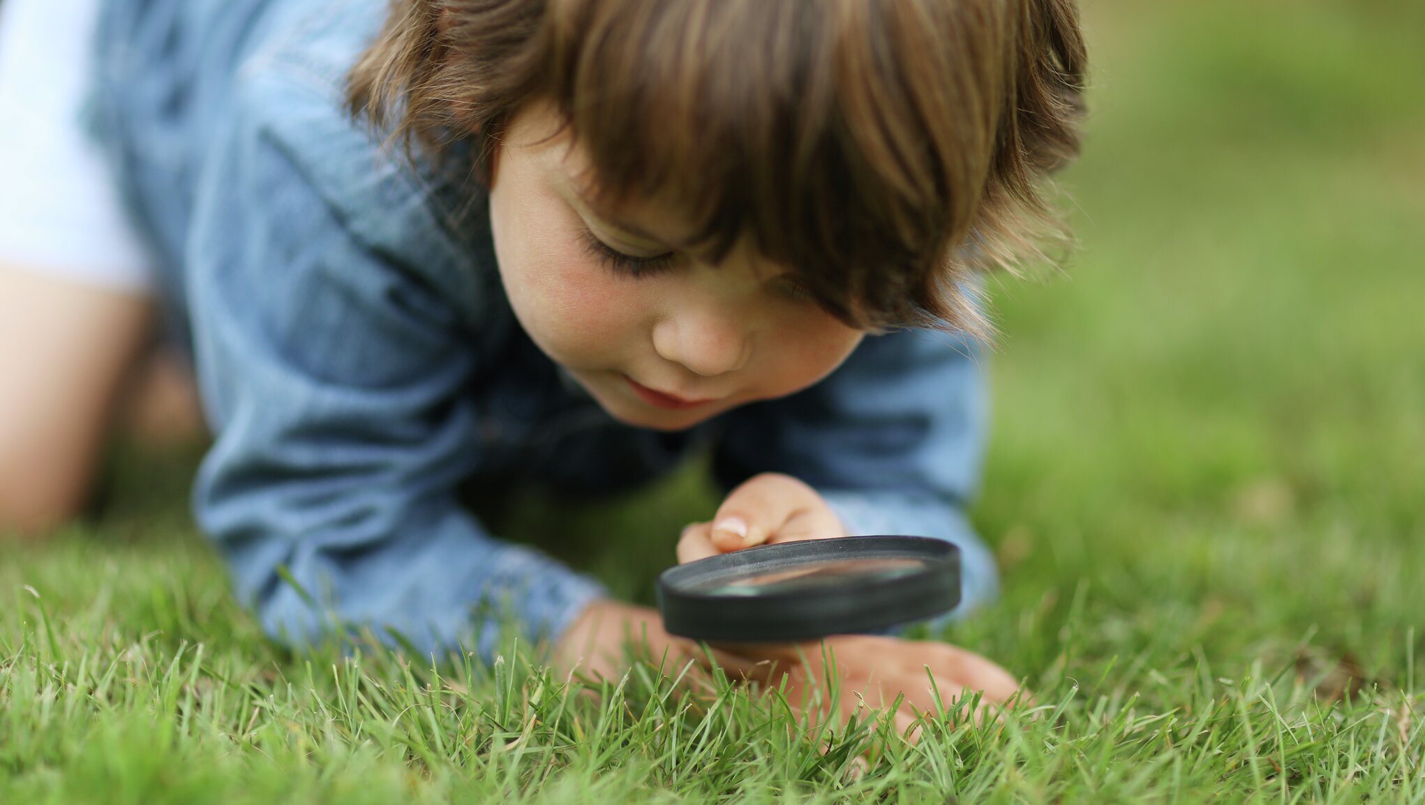 pojke tittar med förstoringsglas i gräs