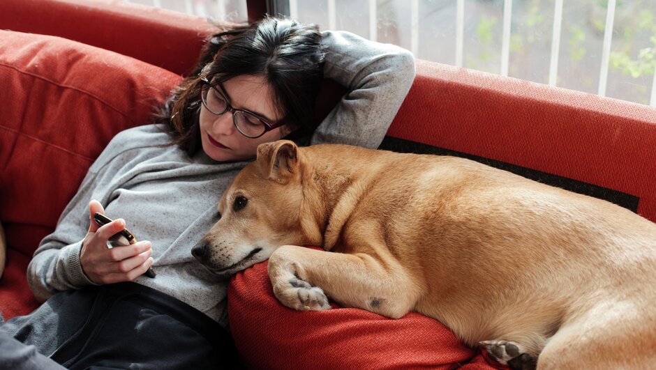 kvinna med hund i soffan