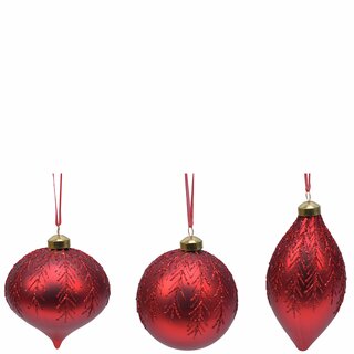 Julekule med glitter løk/kule/dråpe 3ass D10 cm red