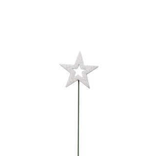 Stjerne åpent B4,5 cm på pinne white/glitter