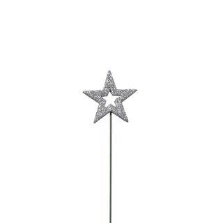 Stjerne åpent B4,5 cm på pinne silver/glitter