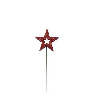 Stjerne åpent B4,5 cm på pinne red/glitter