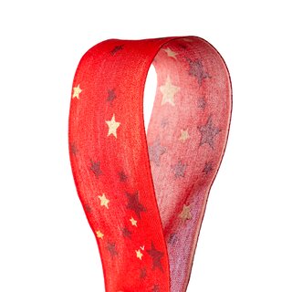 Silkebånd Rødt med stjerner,m/tråd 40mm 20 meter