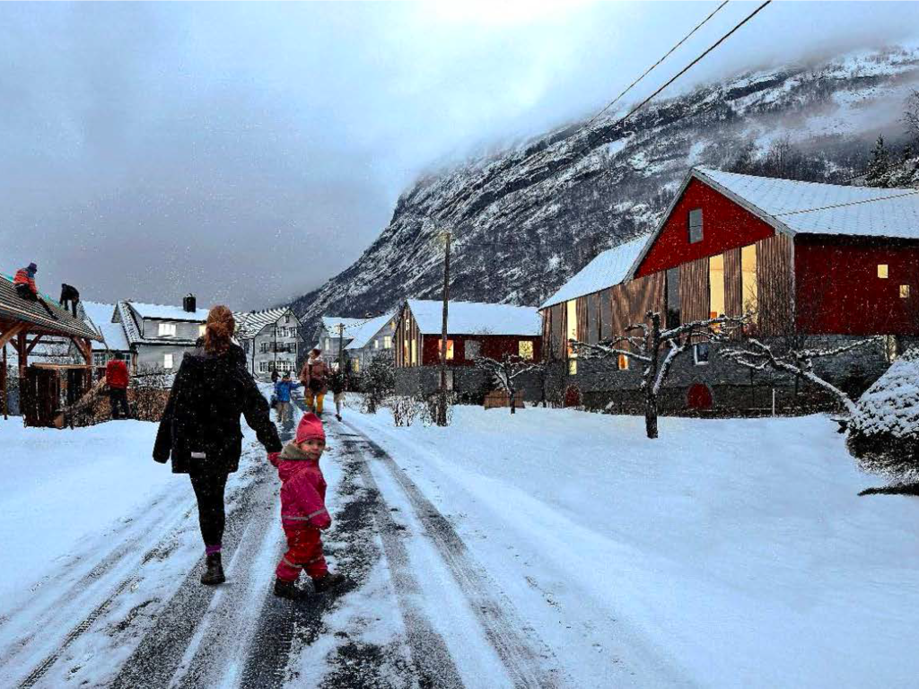 Illustrasjon frå eit byggjefelt i Stryn med snødekt veg, fjell i bakgrunnen og barn og vaksne som går på vegen.