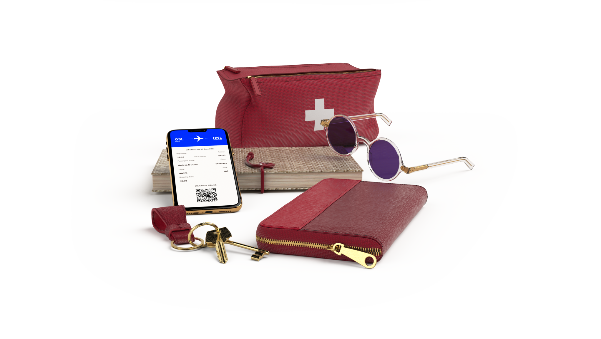solglasögon, mobil och plånbok