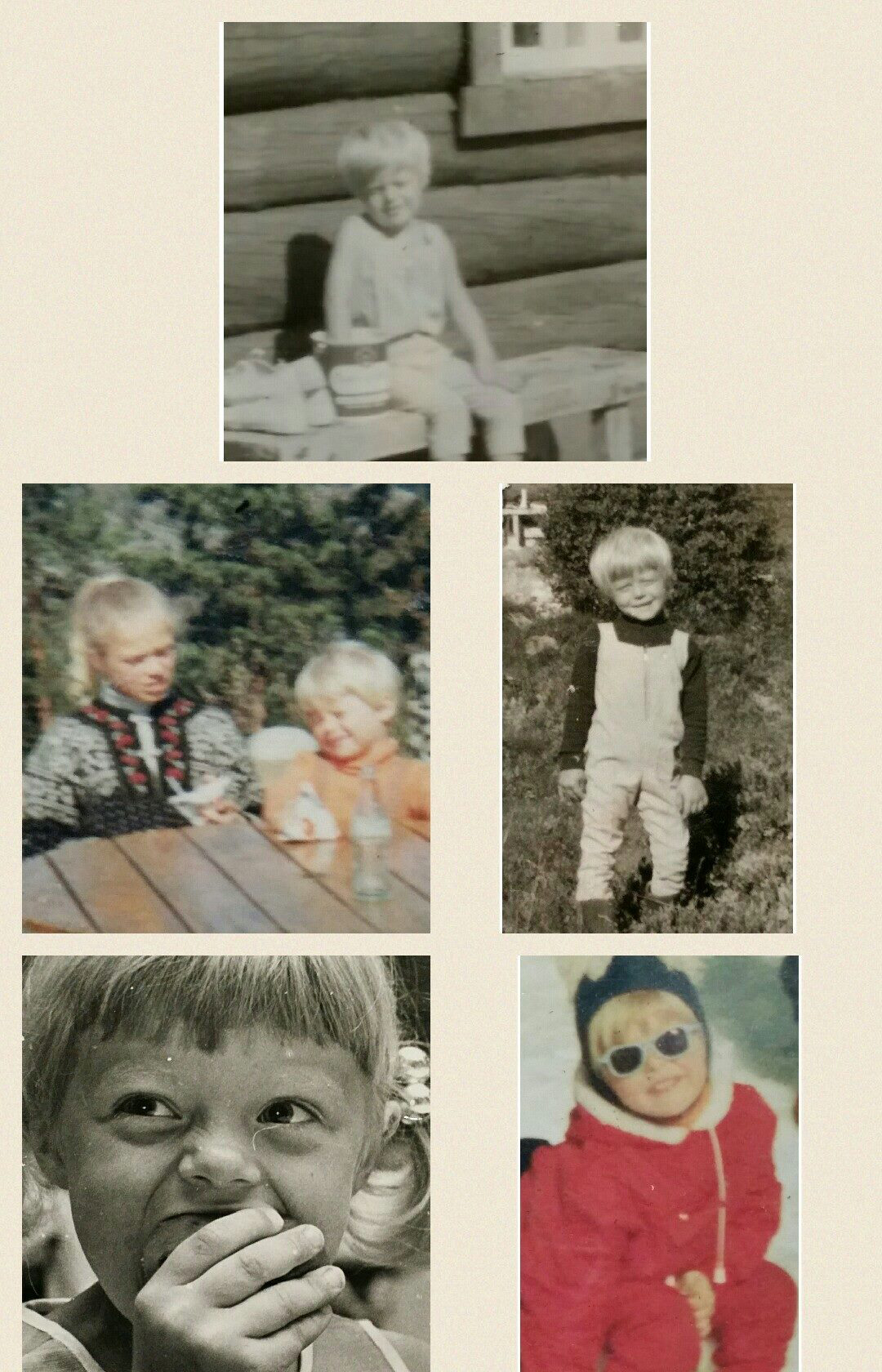 Collage med bilder fra Helle-Vivs barndom. Vi ser henne og søsknene vinter og sommer.