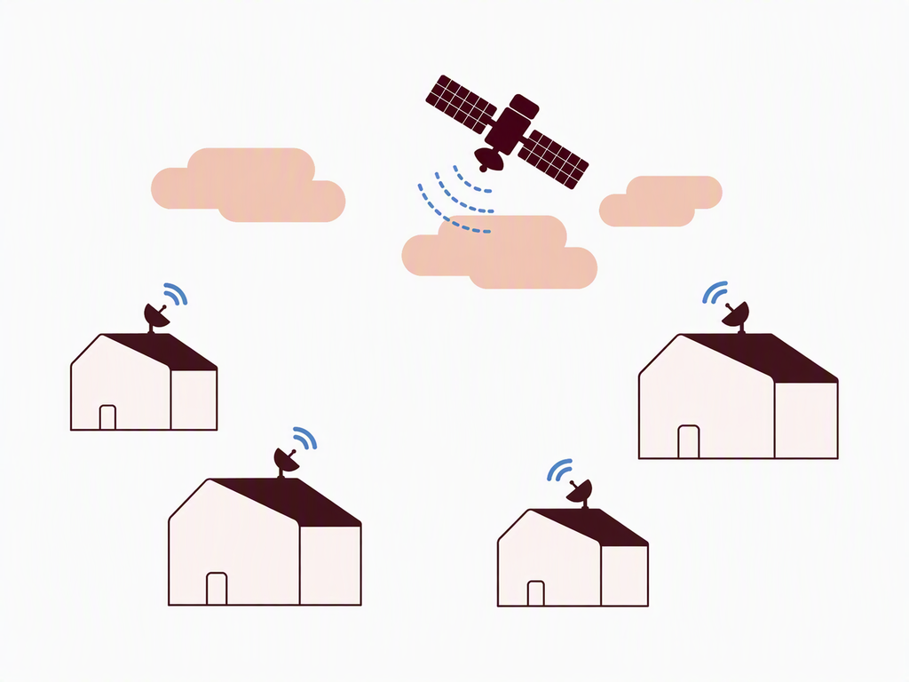 En satellitt som går i bane over skyene sender signaler til fire hus utstyrt med parabolantenner nedenfor.