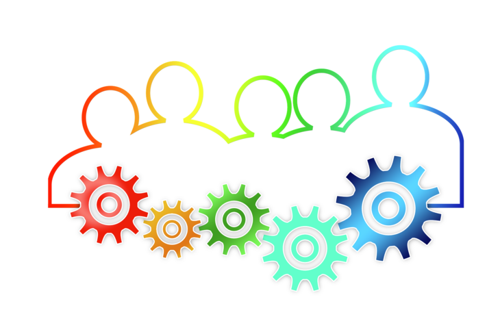 Illustrasjon av fem silhuetter og tannhjul i regnbuefarger
