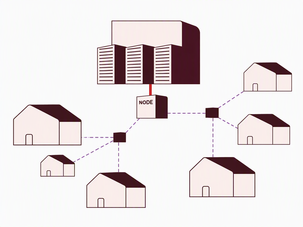Diagram som viser en sentral server koblet via en node til flere boligbygg i et nettverksoppsett.