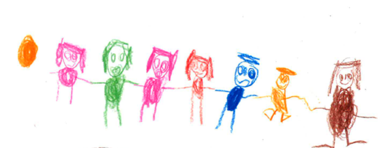 Tegningen viser små venner som står ved siden av hverandre og holder hender.
