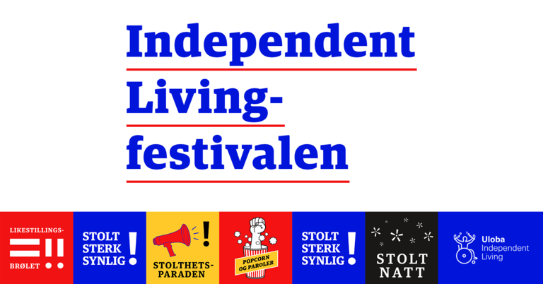En banner for Independent Living-festivalen 2023 med ruter for hvert delarrangement. Plakaten er tegnet i sterke farger.
