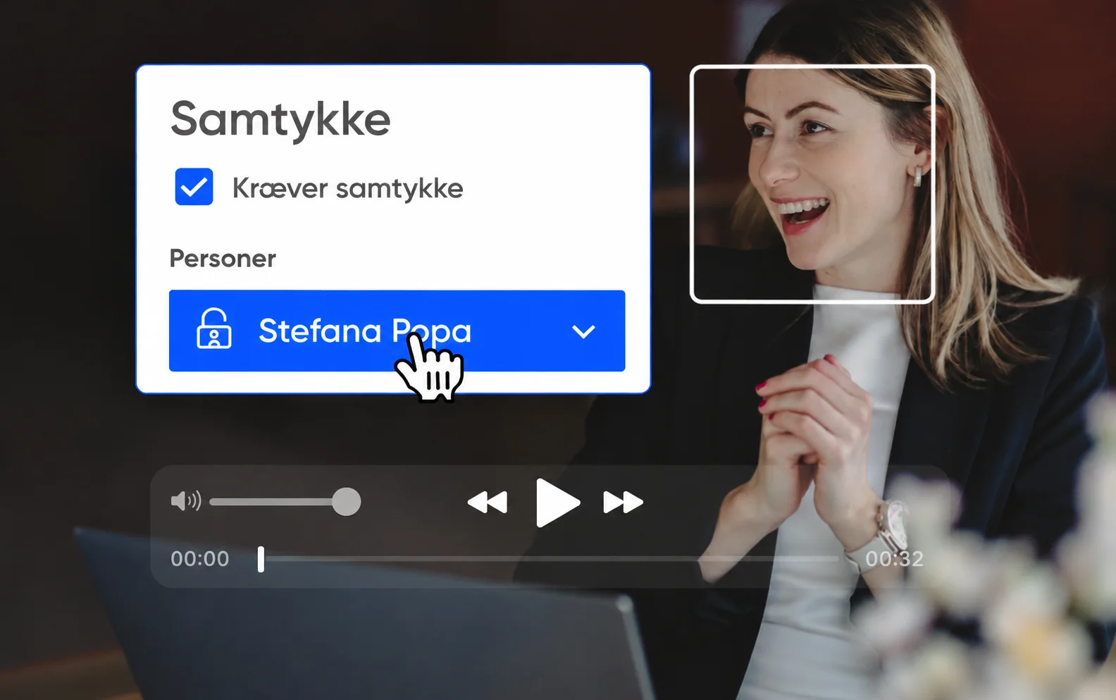 Screenshot of a consent management interface in Danish, showing facial recognition with Stefana Popa identified in a video.