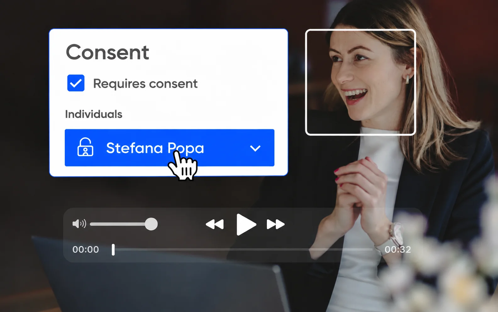 A consent dialog box overlay on a video player showing a smiling woman, with required consent options.