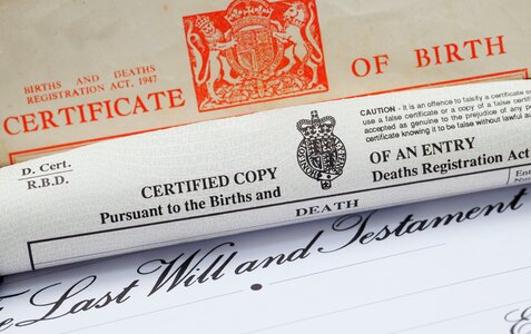 A UK Birth Certificate, Death Certificate and Will