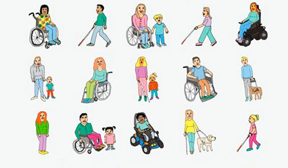 Tegning av 15 personer med ulike funksjonsnedsettelser