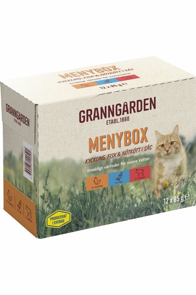 Våtfoder Granngården Menybox kött/fisk bitar i sås för katt 12x85g