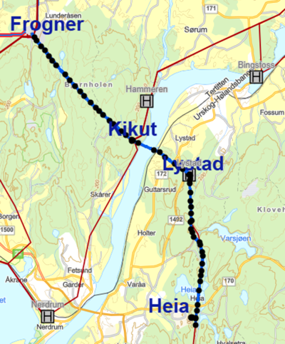 Kartutsnitt som viser planlagt linje Frogner - kikut- lystad