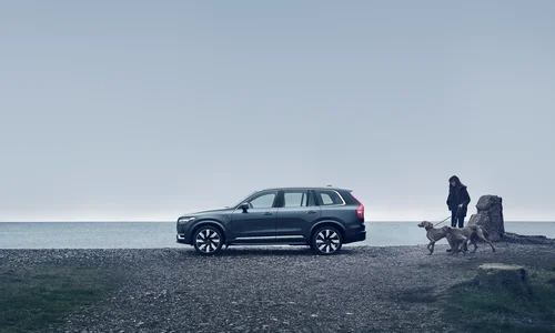 Kvinna med två hundar i koppel står bakom Volvo XC90 parkerad vid havet. 