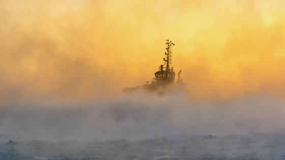 ship in fog.