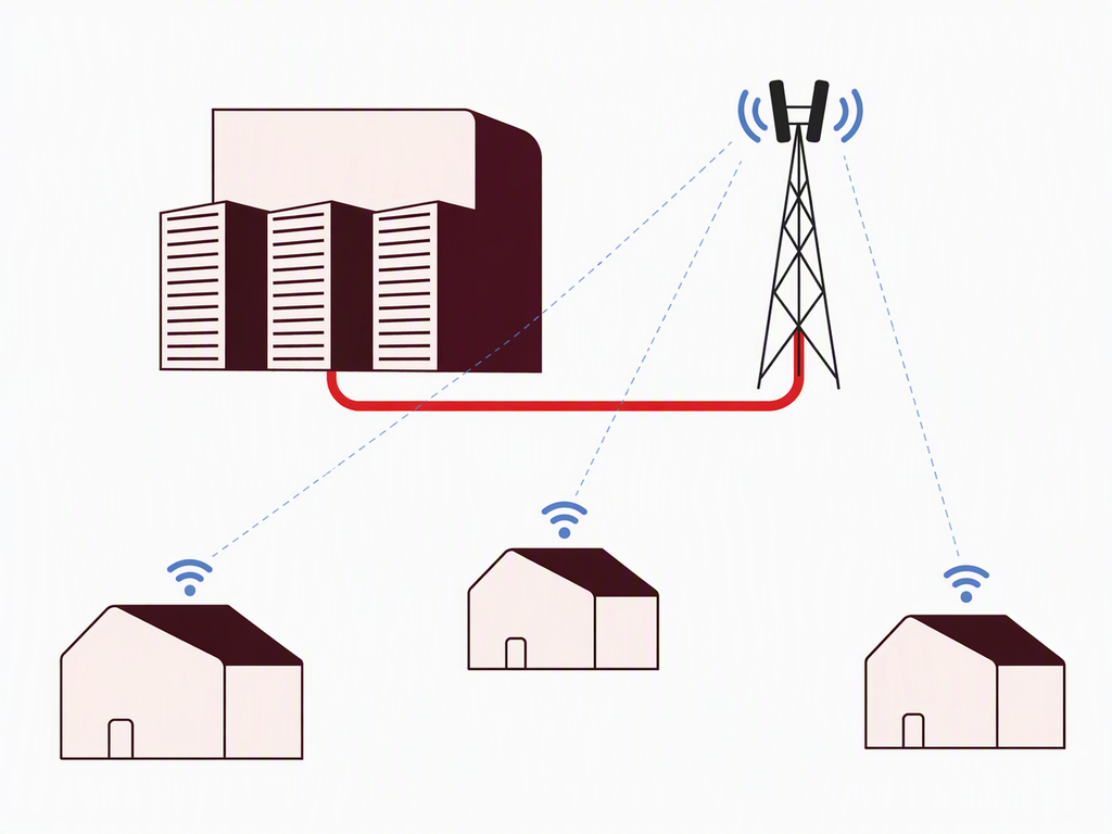 En mobilmast som sender trådløse signaler fra en bygning til tre hus i et nabolagsnettverksdiagram.