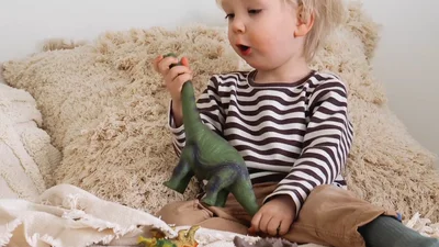 Lapsi istuu ja leikkii dinosauruksilla