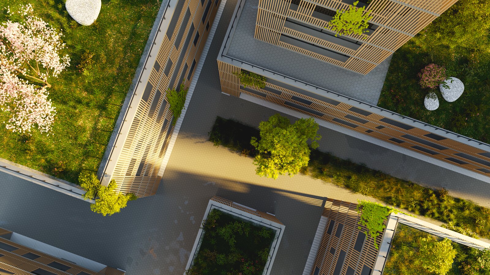 Bygninger med planter og gress på taket sett ovenfra