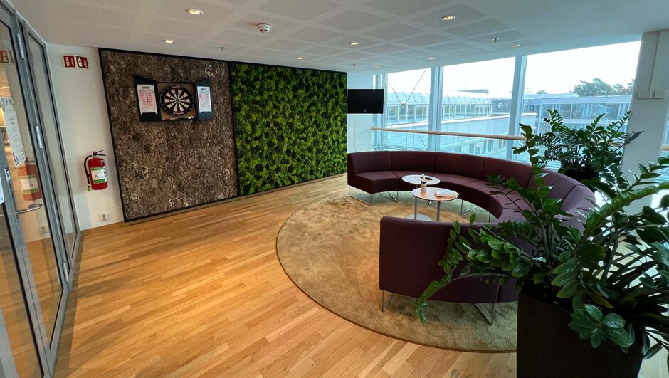 If office in Norway with a curved couch and plant wall