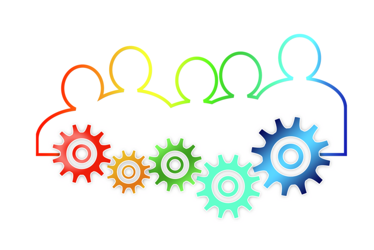 Illustrasjon av fem silhuetter og tannhjul i regnbuefarger