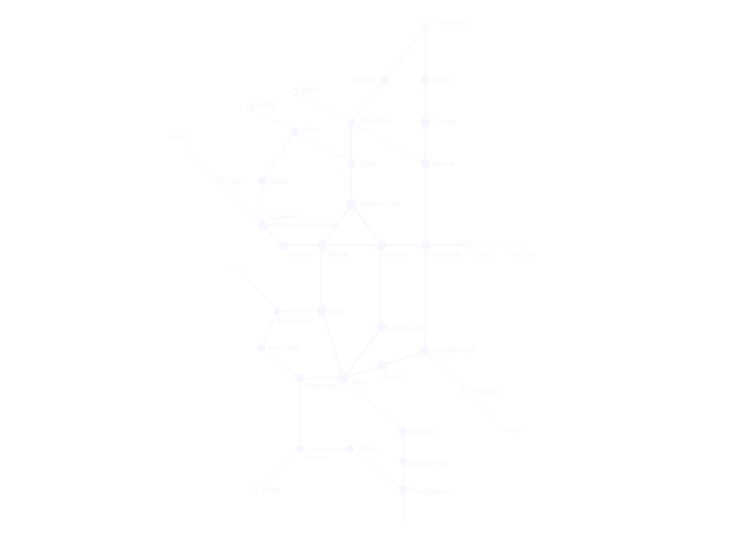 Et svakt, lyseblått nettverkskart eller transportdiagram som viser sammenkoblede noder og ruter på hvit bakgrunn.