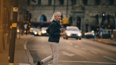 woman crossing the street.