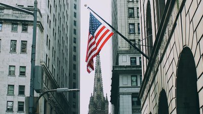 street in New York USA, american flag.