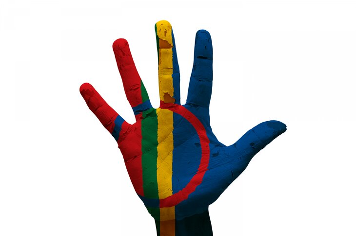 Det samiske flagget er malt i en hånd