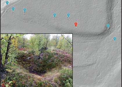 Fangstanlegg for elg ved Megardsmyra i Nord-Fron, registrert av Michael  Heim i Kulturminnesøk. Fotoet viser fangstgropa som er markert med rødt. 