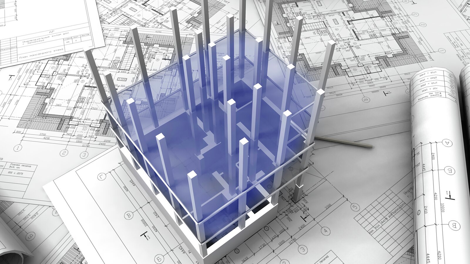 Teknisk tegning av bygning med digital modell på toppen
