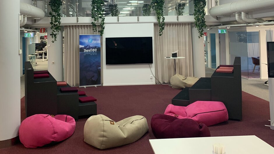 Open meeting space with bean bag chairs