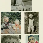 Collage med bilder fra Helle-Vivs barndom. Vi ser henne og søsknene vinter og sommer.