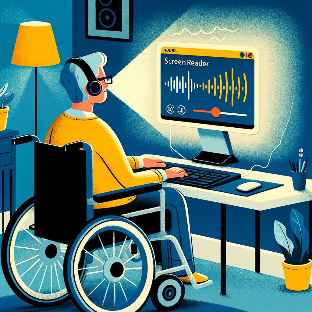 An AI generated illustration of a person using a screen reader to connect to a webinar. This person is portrayed with determination and focus, highlighting the power of accessibility tools in bridging gaps. The scene is set in a comfortable and well-lit room, showing the person's computer screen displaying the webinar interface, with audio waves emanating from the speakers to represent the screen reader in action. This image celebrates inclusivity and the importance of making digital content accessible to everyone, regardless of their physical abilities.