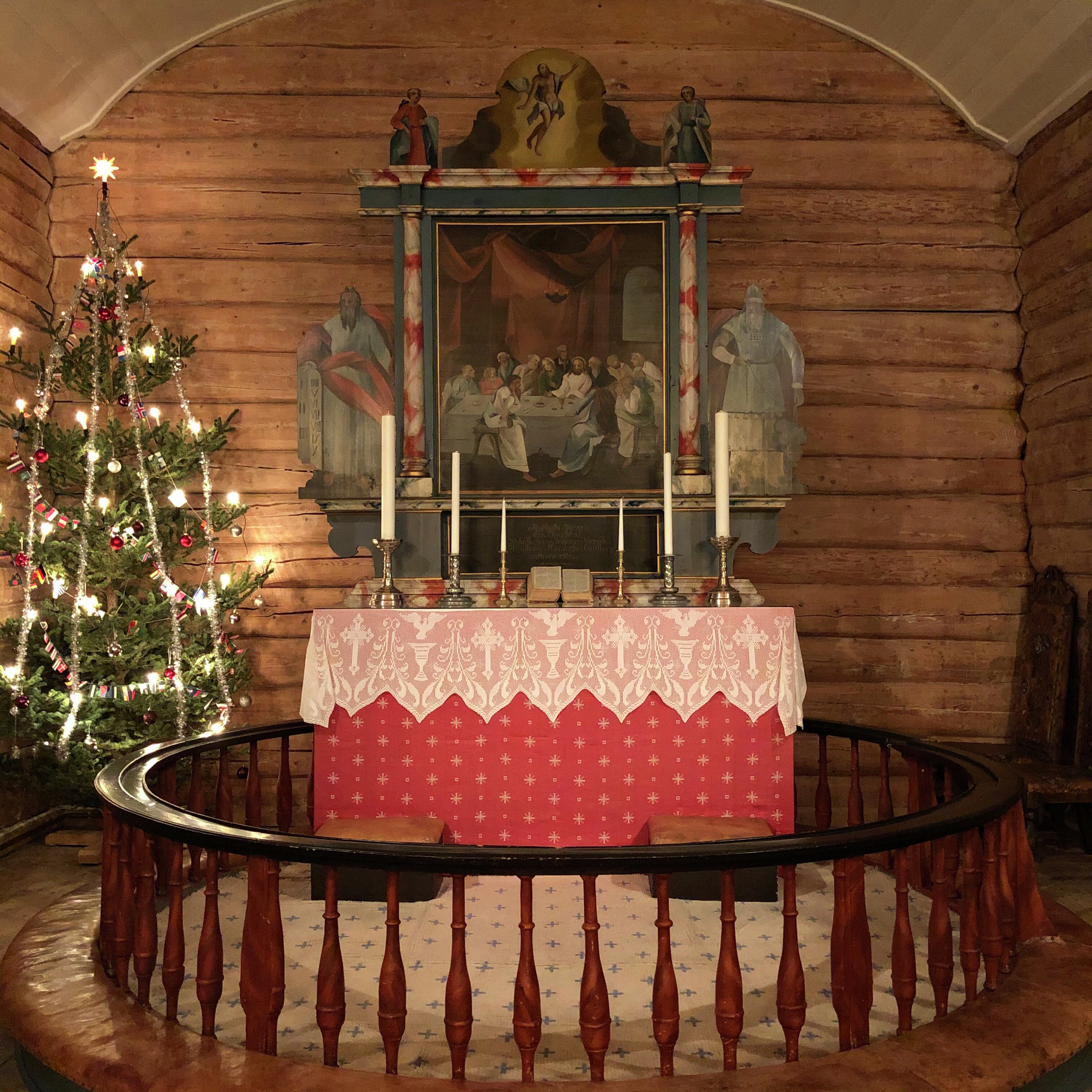 Flakstad church altar with Christmas tree