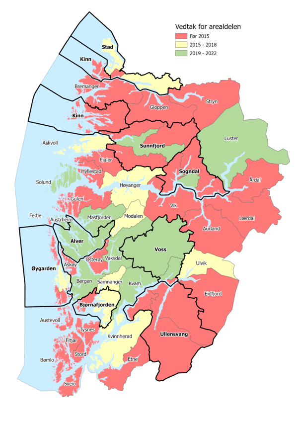 Kart med oversikt over alder på arealdelen i kommuneplanane i Vestland per mars 2023.